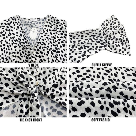 Women's Chiffon Button Down Top V Neck Tie Knot 3/4 Sleeve Casual Blouse - Picture 3 of 3